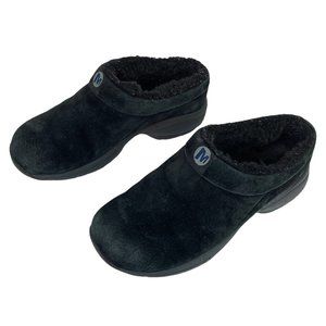 🟢  MERRELL Women's Size 6 Black Faux Fur Suede Slip On Workwear Clogs